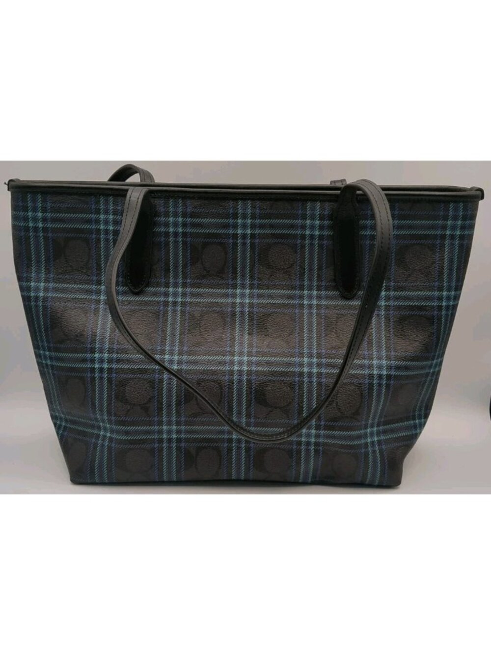 Coach Navy Shirting Plaid Signature Coated Canvas Zip Top Tote F80032 - Picture 2 of 13